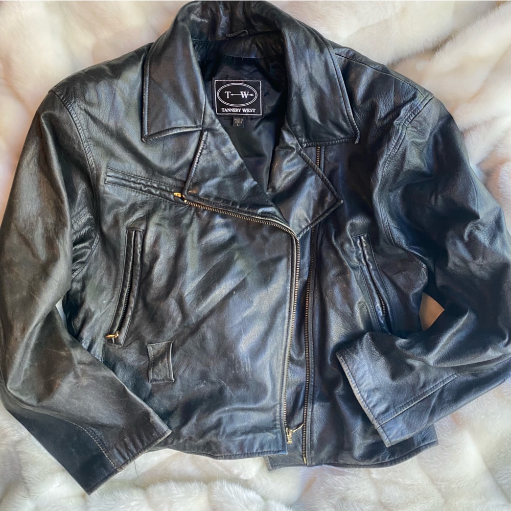 Vintage black leather jacket moto cropped size L